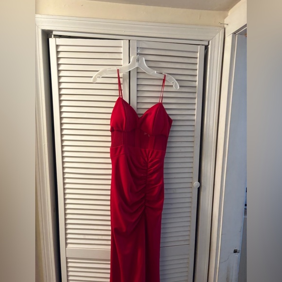 Red Spaghetti-Strap Ruched Prom Dress - Picture 2 of 4